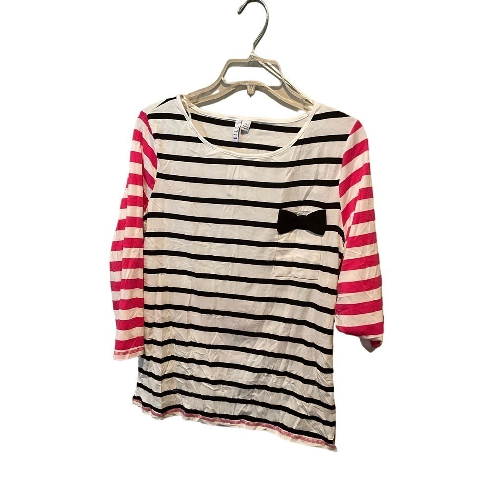 Elle Blouse Women's Size‎ M Pink White Striped Bow Pocket Long Sleeve Crew Neck